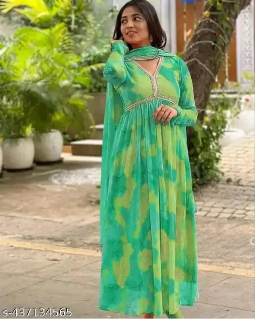 Festival special printed Georgette gown with Duppata set, three-quarter sleeves, vibrant Indian fashion on model