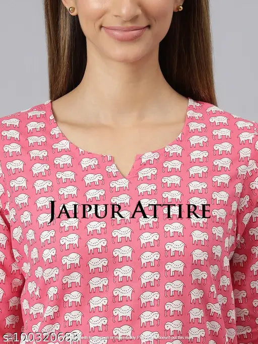 Pink pure cotton Jaipur Attire women's nightsuit, round neck, 3/4 sleeves, printed pattern