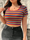 Striped Lycra short-sleeve women's t-shirt, comfy and fabulous, size N, made in India