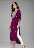 Purple embroidered rayon three-quarter sleeve kurta, trendy and comfortable traditional Indian fashion for functions, festivals, parties, weddings