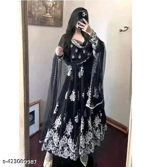 Embroidered Georgette Anarkali gown, Indian handcrafted long-sleeved evening dress with intricate embroidery on net pattern. (Size N, S, M, L, XL, XXL, XXXL)