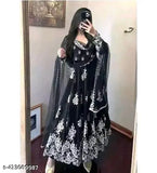 Embroidered Georgette Anarkali gown, Indian handcrafted long-sleeved evening dress with intricate embroidery on net pattern. (Size N, S, M, L, XL, XXL, XXXL)