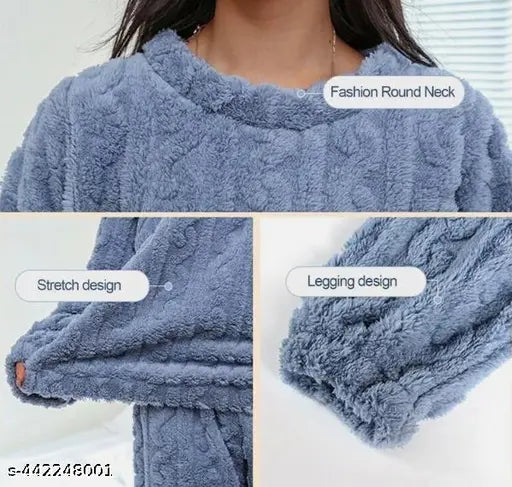 Woolen winter night suit with fleece for women, warm and stylish eco-friendly wool pajamas in printed pattern