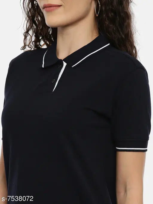 Cotton collared neck T-shirt for women, solid pattern, short sleeves, XS size (16in bust, 23in length)