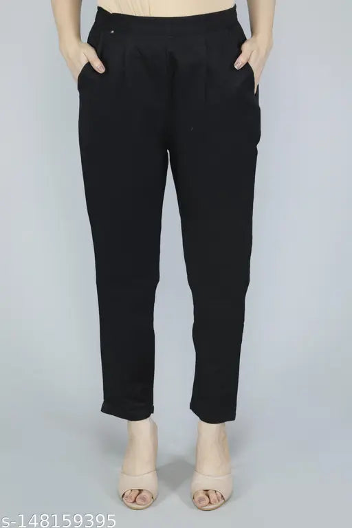 Cotton women's black pant, 100% pure cotton with pockets on both sides, ankle length, pleats detailing, elasticated back. Perfect for day or night outings and any occasion
