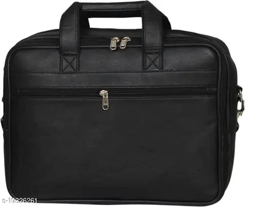 Black leather men's messenger bag by Kim Bag House, featuring two compartments. Free-size dimensions: 13" x 10" x 13". Made in India