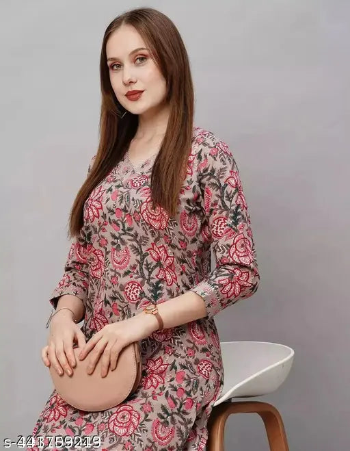 Women's floral printed cotton slub kurti pant sets (pack of 2), three-quarter sleeves, vibrant Indian-inspired design on display