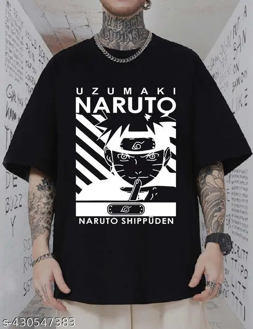 Mens black cotton blend oversized round neck half sleeve graphic printed t-shirt featuring Teddy Bear design, anime style