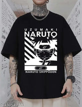 Mens black cotton blend oversized round neck half sleeve graphic printed t-shirt with teddy bear design, anime-themed print on back, available in sizes XS - XXXL