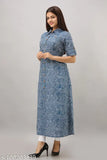 Blue cotton zig zag printed A-line kurta, short sleeves, Indian ethnic wear
