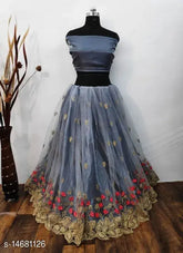 Embroidered unstitched taffeta silk lehenga with net choli and dupatta, Indian bridal wear (Lehenga length: 40in)