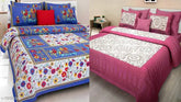Jaipuri cotton double bed sheets pack, white & beige stripes, with 4 matching pillow covers on queen-sized bed