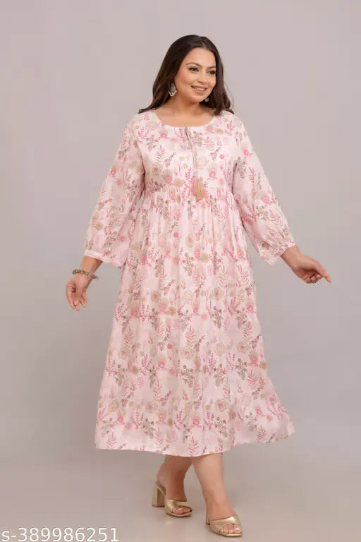 Pink rayon gown, fashionable three-quarter sleeves printed dress, Indian women's clothing for weddings & parties (XXXL, 4XL, 5XL, 6XL, 7XL, 8XL, 9XL, 10XL)