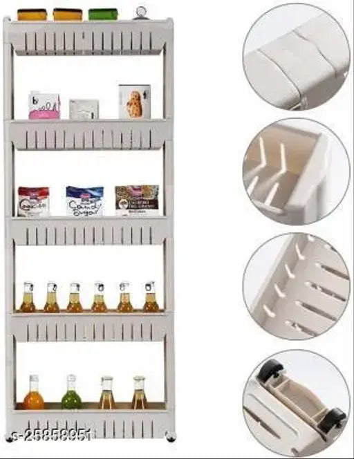 White plastic 5-tier kitchen trolley organizer with wheels, ideal for narrow spaces like closets and garages