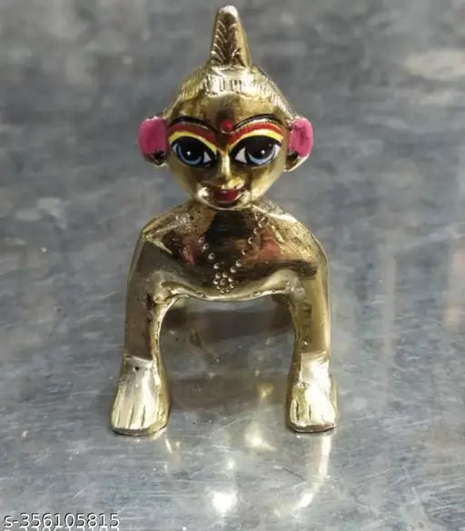 Blue-eyed Brass Bal Radha, traditional Indian Krishna idol, 10cm tall