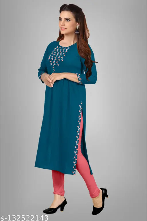 Denim blue embroidered straight kurta, premium quality rayon fabric, calf length, 3/4 sleeves