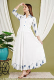 White Anarkali kurti, rayon, three-quarter sleeves, intricate print, Indian craftsmanship