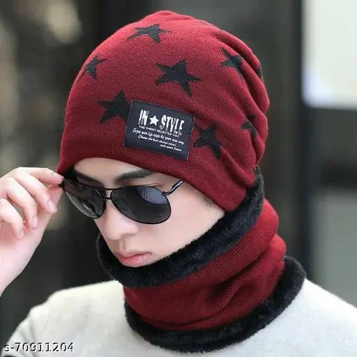 Trendy acrylic beanie & neck scarf, soft with fur inside, winter wear for women