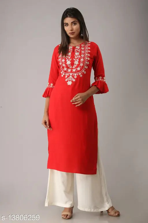 Rayon embroidered kurta with solid pocket palazzos, three-quarter sleeves, beautiful floral work, country of origin: India