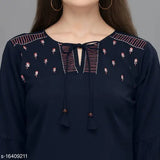 Navy blue embroidered western top, polyester with three-quarter sleeves, women's fashion accessory from India