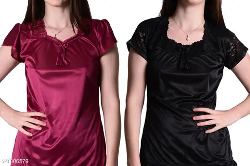 Wine black satin pajama set combo pack for women, Senslife® sleepwear