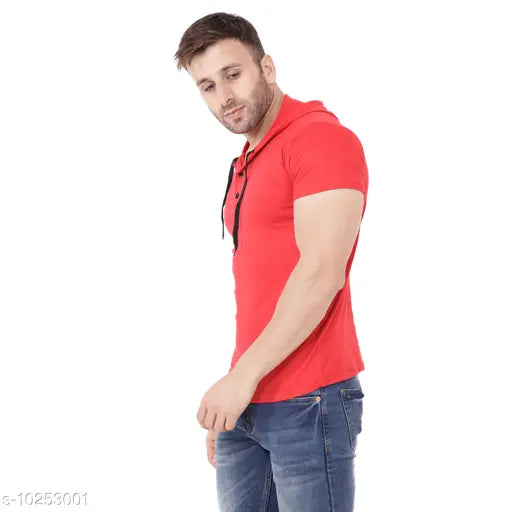 Red cotton-blend long sleeve round t-shirt by Blisstone, solid design for men or women