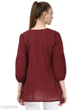 Maroon rayon embroidery top, SAAKAA women's fashion on mannequin, three-quarter sleeves