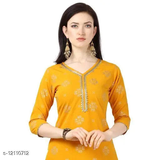 Solid yellow crepe kurta set with Sharara, printed net pattern, three-quarter sleeves, women's traditional Indian ethnic wear (XL, bust size 42in, kurta length size 46in)