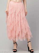 Trendy net flared long frill skirt, solid net fabric with Shantoon lining, calf length, regular fit, three frill pattern, size 26-34, origin India