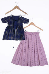 Kids girl cotton silk sleeveless lehenga choli set, self-design solid pattern for traditional Indian events, available in sizes 1-2 years to 15-16 years