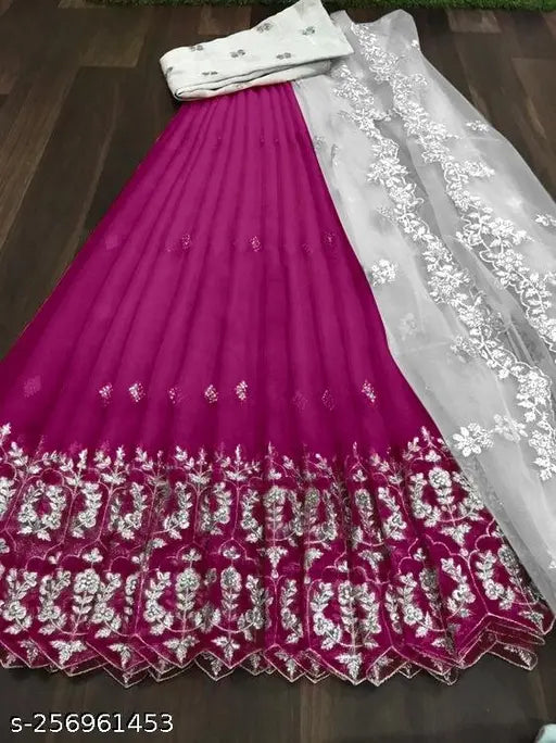 Embroidered net dupion lehenga choli set with matching dupatta, heavy multi-thread work on silky inner, Indian fancy designs