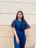Stylish crepe jumpsuit, solid net, three-quarter sleeves. Women's partywear from India