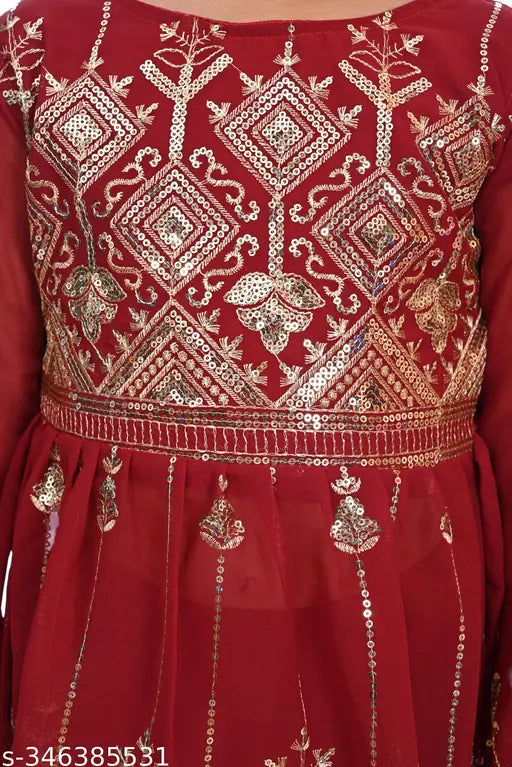 Modern stylist Georgette kurta & palazzo set - A-line style with embellished sleeves, knee length. Girls outfit in sizes: 18-24 Months, 0-1 Years, 1-2 Years. Indian handcrafted fashion