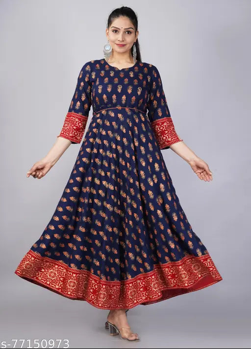 Gold print rayon Anarkali kurta with dori, three-quarter sleeves - Traditional Indian festive wear