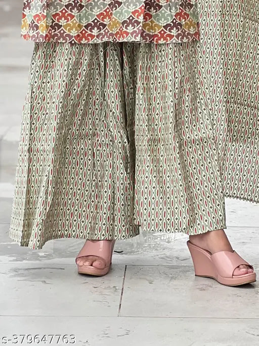 Handcrafted cotton kurta, sharara & dupatta set with printed design, sleeveless and soft fabric. Indian women's outfit for parties, festivals, weddings, or functions (M-XXL sizes available)