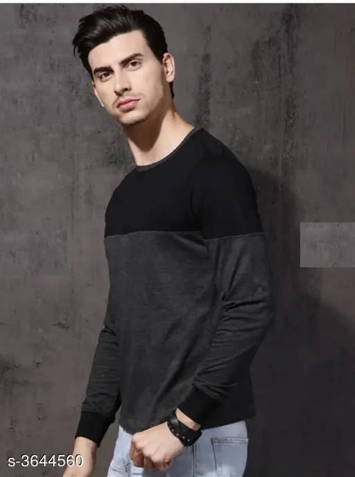 Attractive men's cotton hoseiry printed long-sleeve T-shirt, colorblocked design, size M, L, XL from India
