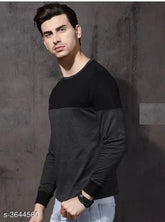 Attractive men's cotton hoseiry printed long-sleeve T-shirt, colorblocked design, size M, L, XL from India
