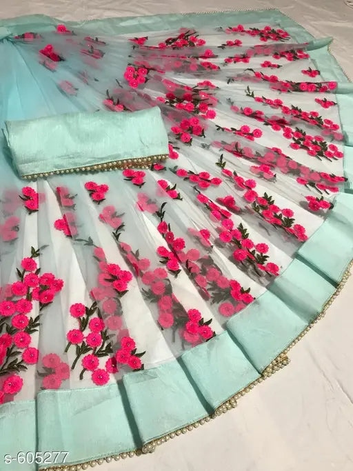 Elegant net embroidery saree with stone work, Indian silk and pearl piping blouse