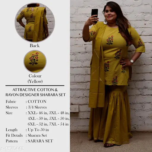 Women's cotton kurta set with sharara, printed three-quarter sleeve design in XL/XXL sizes, made in India