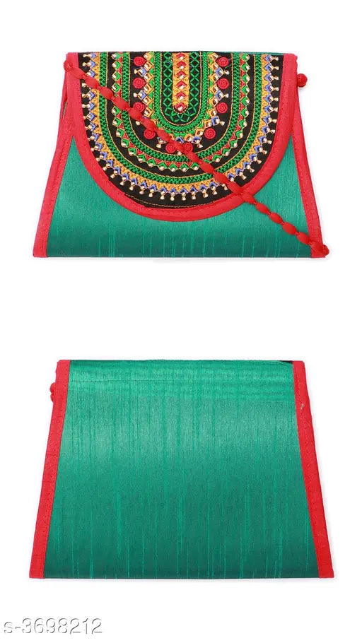 Trendy silk sling bag, embroidered net pattern, free size, Indian-made fashion accessory