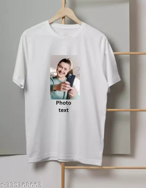 Men's customized polyester t-shirt with printed design, short sleeves, various sizes available from XXS to XXXL. Image of a personalized t-shirt featuring unique design. Made in India