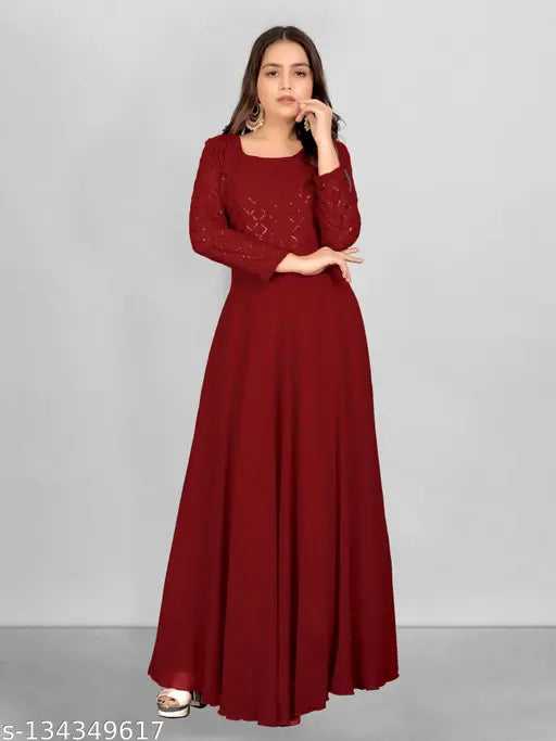 Georgette three-quarter sleeve solid gown with 3mm sequins, high-quality Indian western wear for parties, engagement, or weddings