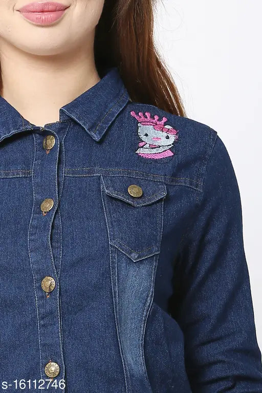 Full-sleeve Kitty print denim women's jacket, dyed/washed long-sleeved denim jacket with kitten pattern