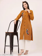 Mandarin yellow, wool A-line kurti by BLUSHH COLLECTION. Printed floral design for formal/casual wear, perfect for festive occasions or home. Made in India