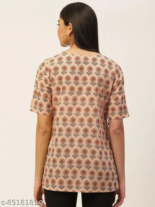 Beige Floral Print Cotton V-Neck Half Sleeve Wrap Top - Indian Jaipuri ethnic wear for women