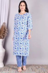 Cotton blend printed kurta with pallazo set, three-quarter sleeves, Indian women's fashion on display