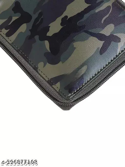 Multicolor faux leather men's wallet with 3 card slots, 2 currency pockets, secret compartments, and coin pocket. Ethically sourced genuine leather RFID protection, secure zip fastening, and dimensions: 11cm x 2cm x 9.5cm. Made in India