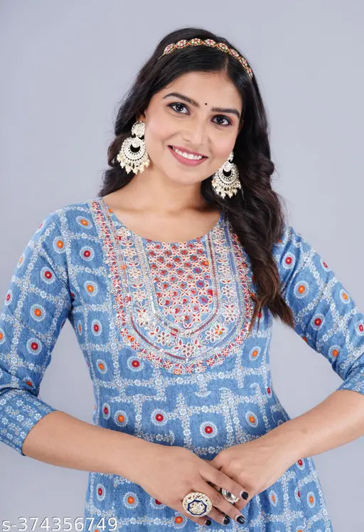 Rayon print Anarkali Kurti outfits - vibrant, checkered, three-quarter sleeves, suitable for daily wear, soft colors, stylish and comfortable, India origin