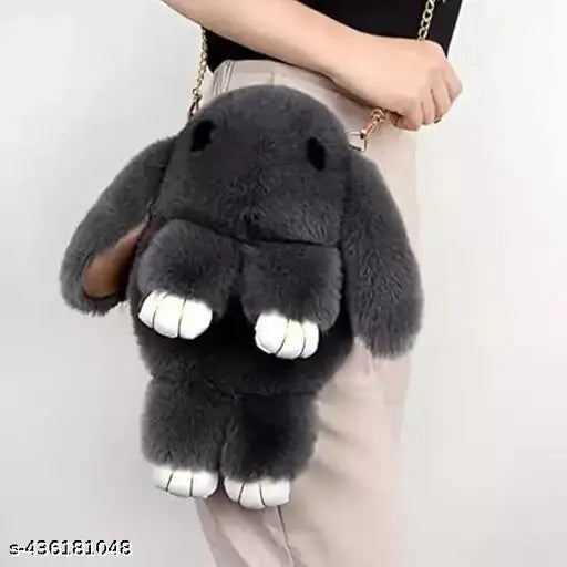 Black canvas rabbit sling bag, soft plush design with chain for traveling, ideal for girls' style and daily essentials