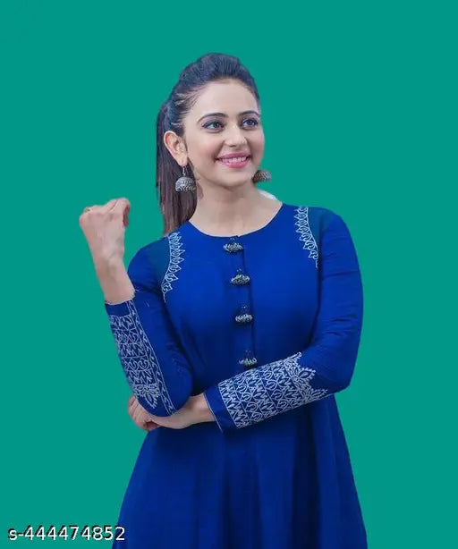 Royal blue rayon anarkali gown with Rakul Preet Singh print, long sleeves, M size (38in bust, 10in waist, 10in shoulder)